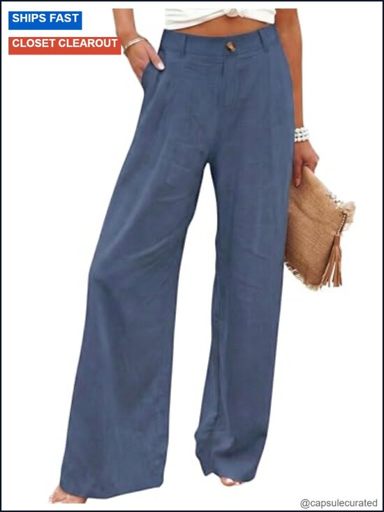 Pants - High Waisted Wide Leg Linen Pants with Front Button & Back Elastic